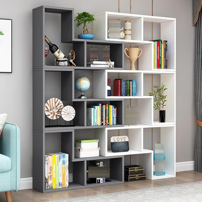 Expandable Bookcase with Adjustable Width,Wooden Room Divider Bookshelf,Standing Display Storage Organizer for Living Room,Study Room or Home Office