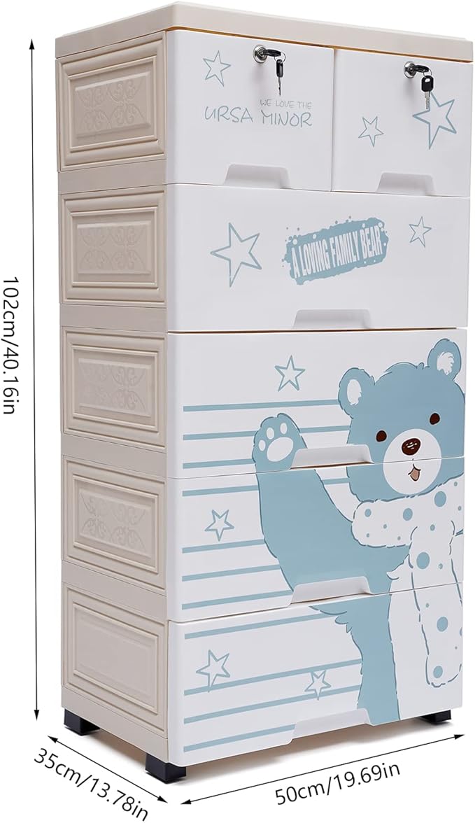 Plastic Drawers Dresser, 6 Drawers Storage Cabinet Polar Bear Tall Standing Dresser Bedside Furniture & Night Stand End Table Dressers with Wheels for Clothes Playroom Bedroom Furniture
