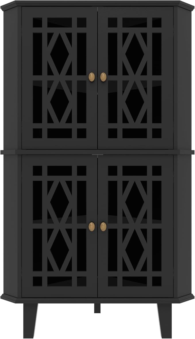 Scurrty Tall Corner Shelf Stand, Large Shelf Corner Table Sideboard Cabinet with 4 Doors and 4-Tier Shelves, Free-Standing Storage Organizer for Living Room, Dining Room & Bathroom (Black)