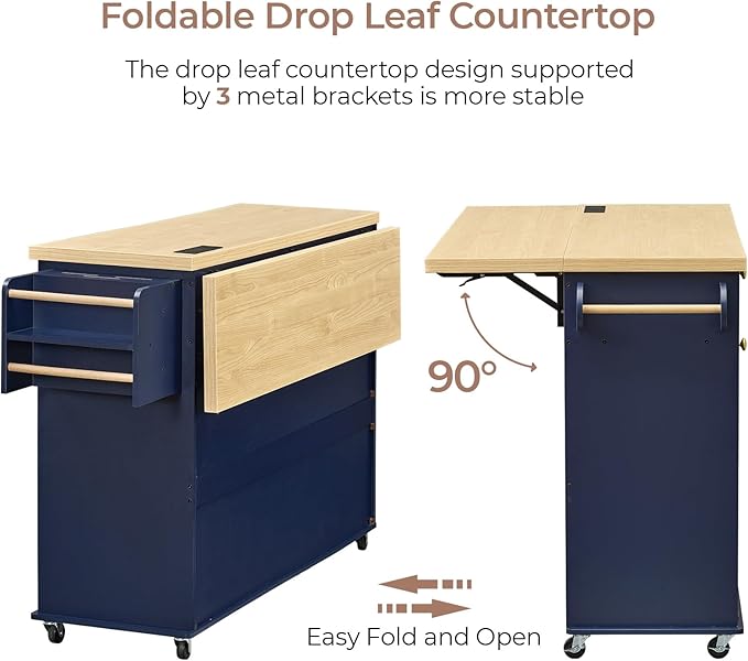 60.2" Kitchen Islands with Storage, Rolling Island Table with Trash Can Storage Cabinet, Mobile Island Cart with Drop Leaf & Power Outlet & Spice Rack & Towel Rack & Knife Holder, Blue