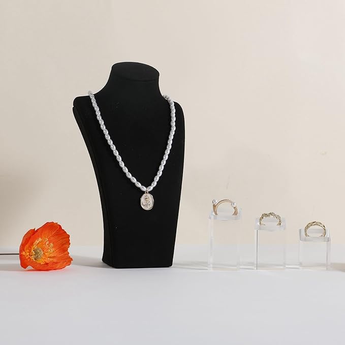 GemeShou Black necklace storage organizer for sale, Velvet necklace holder stand, jewelry bust display stands, Jewelry Mannequin for Countertop, Showcase【Black-Small height 7.68 inch】