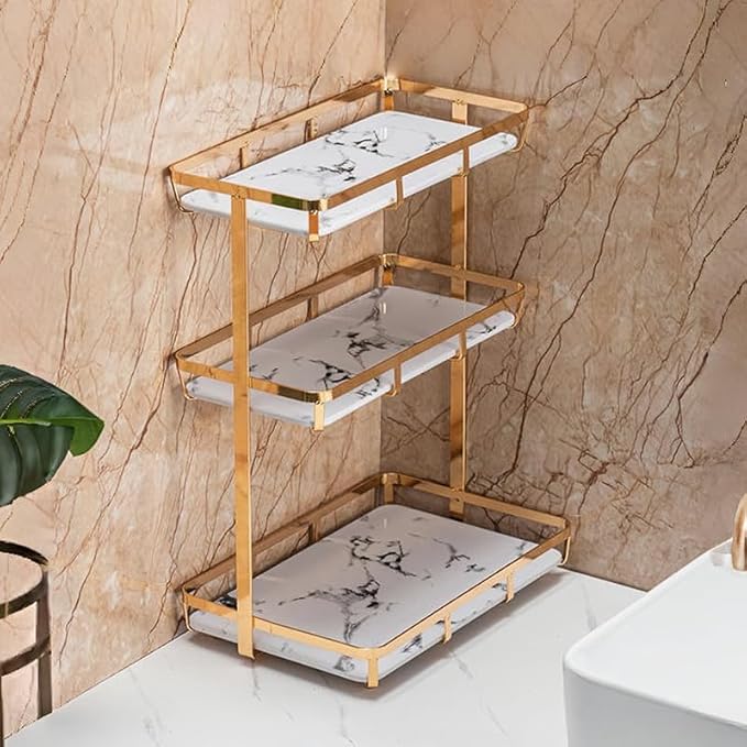 Bathroom Organizer Countertop Perfume Organizer Makeup Cosmetics Storage Display Rack 3 Tier Vanity Tray Dresser Stainless Steel Gold Shelf White Marble Ceramic Tray (Gold, L)