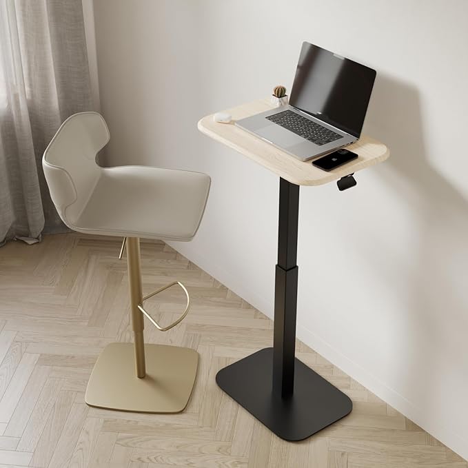 Ergohome™ ELEVANCE Table™ Effortless Height Adjustable Side Table for Couch Bed, Laptop Table - Small End Table Office Coffee Table - Superior Stability Sofa Side Table (Black Base Washed Oak Top)