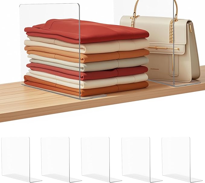 Acrylic Shelf Dividers for Closet Organization: 10" Tall x 12" Deep Closet Shelf Divider for Clothes Sweater Purse - Clear Closet Organizers and Storage Separators for Shelves, 5Pack