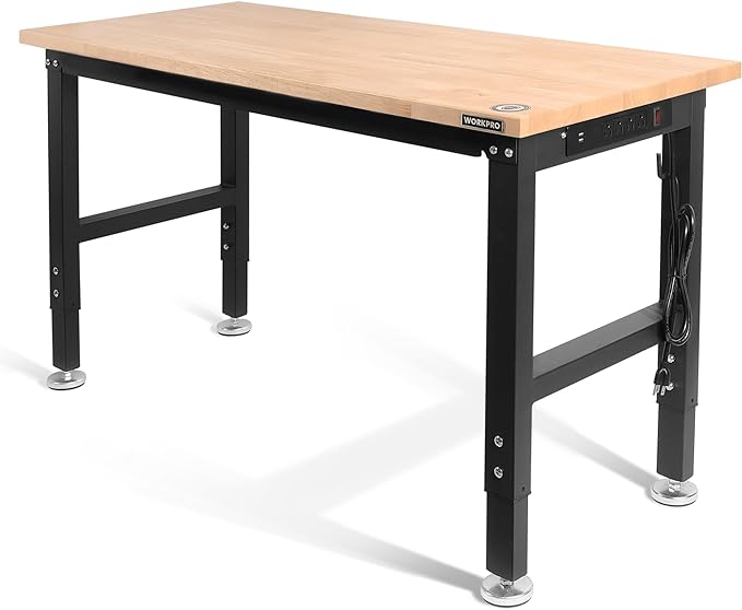 WORKPRO 48" Adjustable Workbench, Rubber Wood Top Heavy-Duty Workstation, 2000 LBS Load Capacity Hardwood Worktable with Power Outlets, for Workshop, Garage, Pack of 10