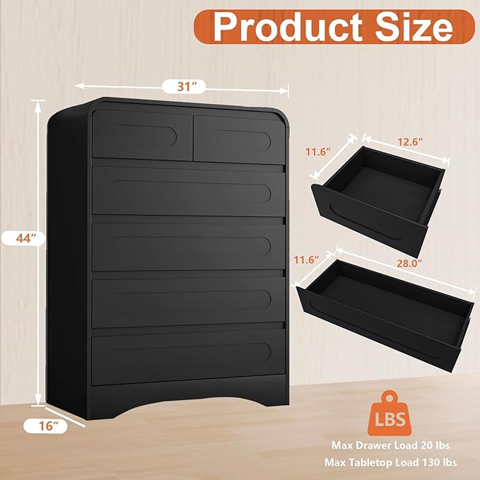 Tall Dressers for Bedroom, 6 Drawers Dresser & Chest of Drawers with Pre-Installed Slides&Curved Profile Design, Modern Closet Storage Wood Dressers Organizer for Living Room Hallway, Black