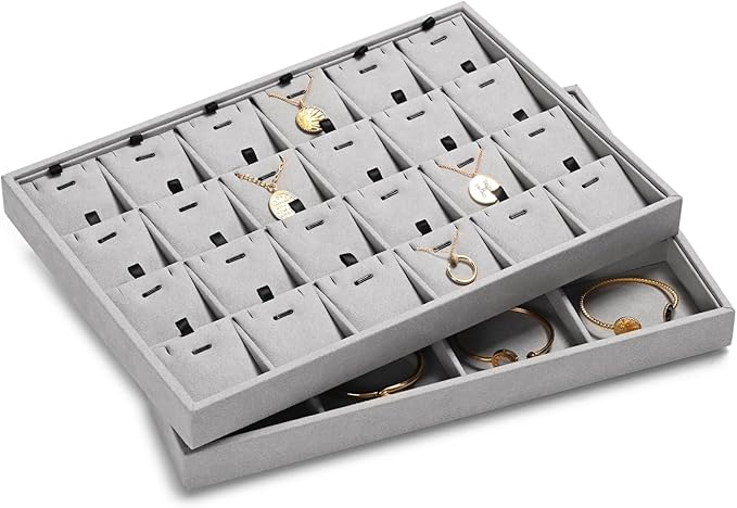 24 Grids Necklace Tray Jewelry Display Tray Necklace Holder Organizer for Drawers With Removable Jewelery Cards Pendant Bracelet Storage Holder (Grey