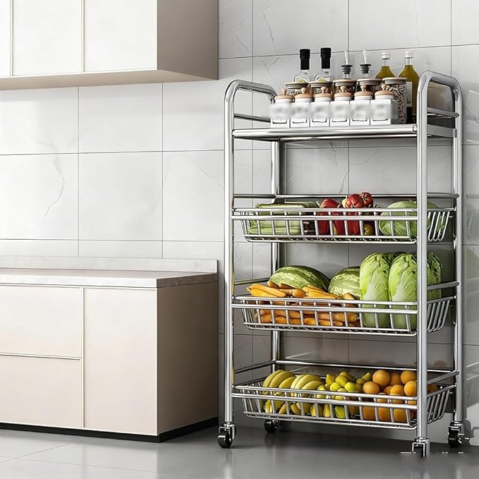 304 Stainless Steel Rolling Cart, Utility Kitchen Storage Carts with Wheels, Metal Kitchen Island, Storage Cart for Dining Room, Room, Laundry Room