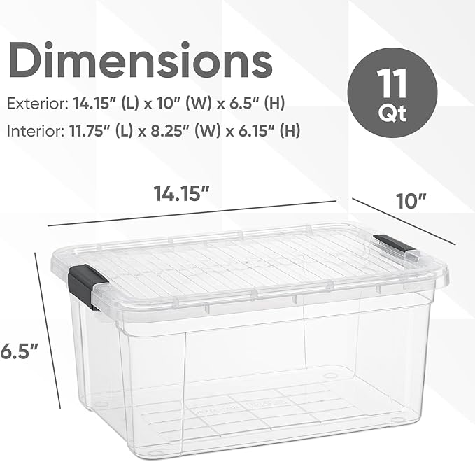 Superio Clear Storage Box with Lid, 11 Quart Plastic Container Bins for Organizing, Stackable Crates, BPA Free, Non Toxic, Odor Free, Organizers for Home, Office, School, and Dorm