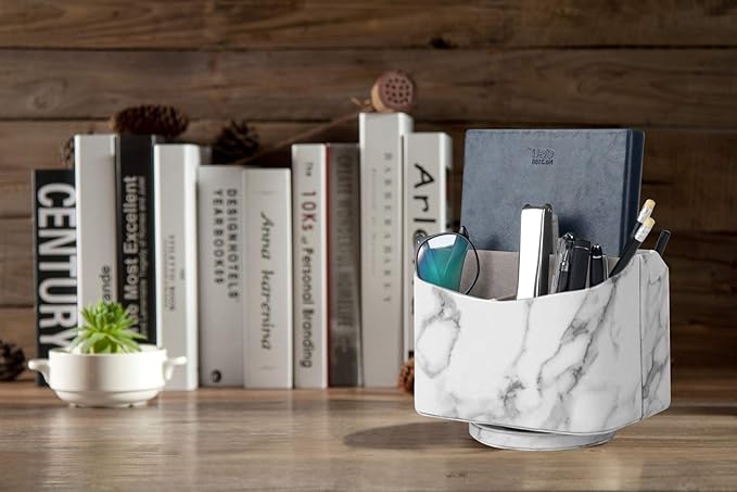 HofferRuffer Spinning Remote Control Holder, Remote Controller Holder, Remote Caddy, Media Storage Organizer, Spinning Remote Control Organizer, 7.3X 5.5 x 6 inches, Marble PU Leather