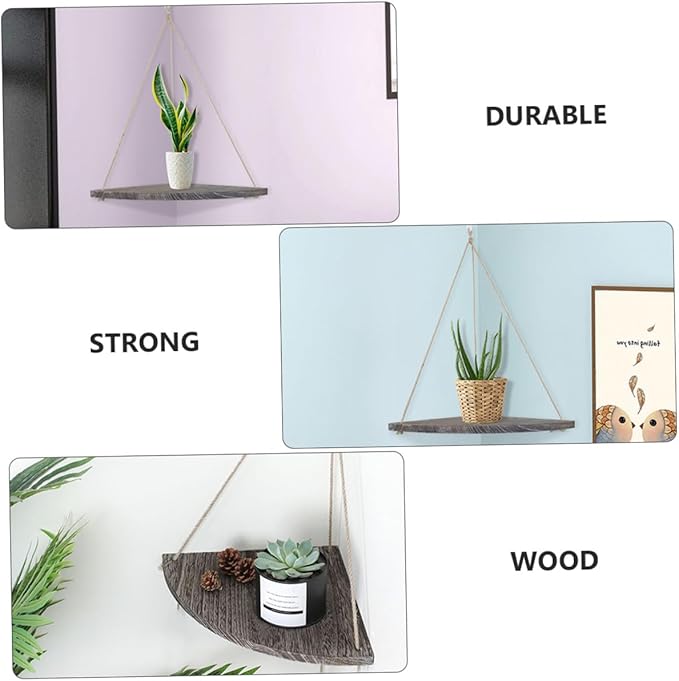 Vintage Fan-Shaped Wall Corner Hanging Shelf with Thick Rope Space-Saving Storage Rack for Plants Crafts Photos Rustic Brown Decorative Organizer for Bedroom Living Office