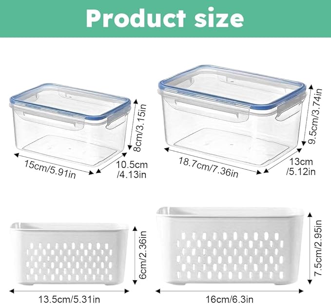 iayokocc 2 Pack Fruit Storage Containers for Fridge, Stackable Food Storage Containers with Removable Colander, Refrigerator Organizer with Drain Baskets Lids- Keeping Food Fresh Longer