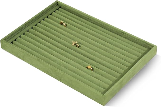 Velvet Ring Display Tray, Stackable Muilt Slot Rings Ear Stud Storage Tray, Drawer Insert Jewelry Accessories Organizers Plate (Olive Green)