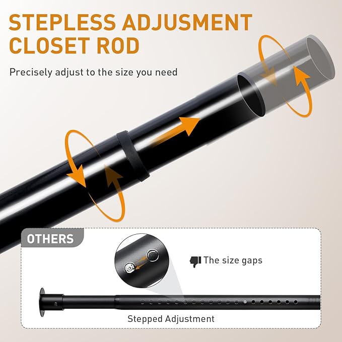 Black Adjustable Closet Rod 18-48 Inches, Heavy Duty Metal Clothes Hanging Rod, Rust-Proof Non-Slip Wardrobe Bar for Closet, Laundry Room, RV