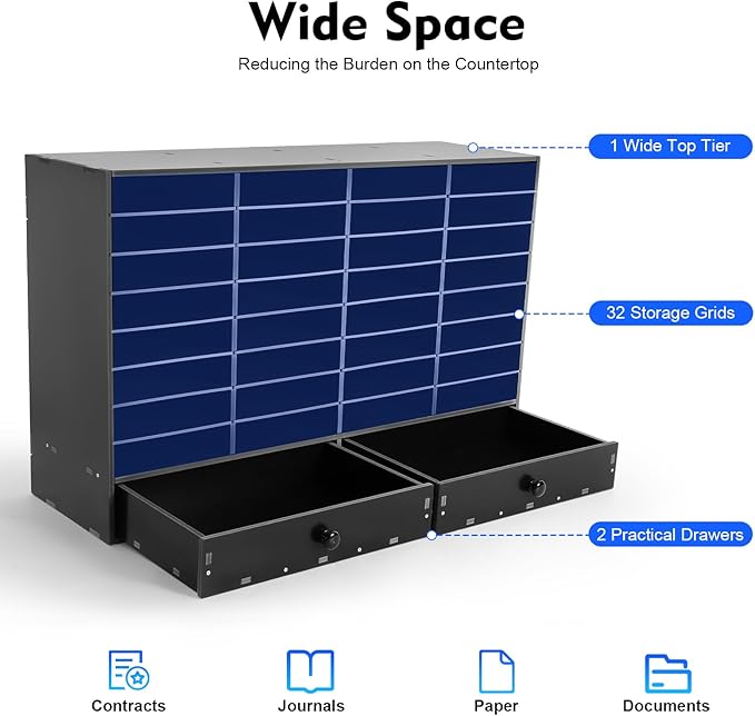 Adjustable Literature Organizer, 32 Compartments Mail Sorter Organizer with 2 Drawers, PVC Desktop File Sorter, Classroom Mailbox Office Mailbox Cubbies for Office, Home, Study Room Black