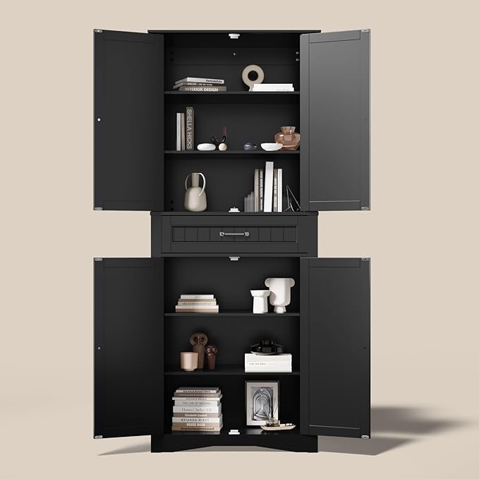 Gizoon 71'' Kitchen Pantry Storage Cabinet, Freestanding Pantry Organizers and Storage Cabinet with 4 Doors and 4 Adjustable Shelves, Tall Cabinet with Large Drawer for Kitchen, Living Room, Bathroom