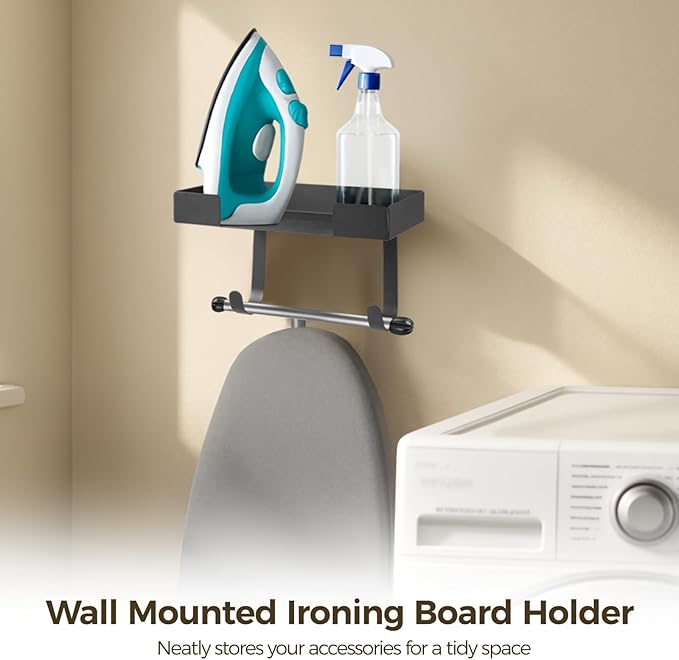 Wall Mounted Ironing Board Holder, Metal Iron and Ironing Board Hanger, Space-Saving Storage Organizer with Double Hook, Laundry Room Accessories, Easy Installation