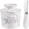 Ceramic Butter Crock with Lid & Spreader Knife, Butter Keeper - Ideal Butter Storage & Countertop Butter Dish, Marble White
