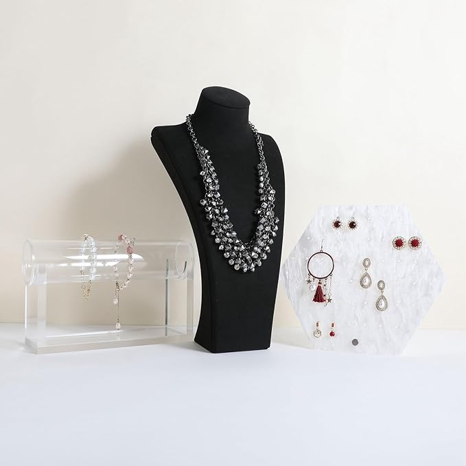 GemeShou Black necklace storage organizer for sale, Velvet necklace holder stand, jewelry bust display stands, Jewelry Mannequin for Countertop, Showcase【Black-Large height 12.4 inch】