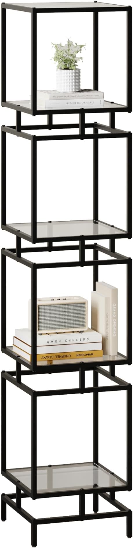 4 Cube Glass Shelf, 4-Tier Bookshelf, Display Shelf Rack, Metal Storage Rack with Tempered Glass, Modern Style for Living Room, Bathroom, Kitchen, Black