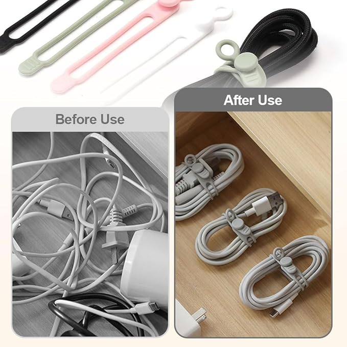 Data Cable Organizer, Silicone Cable Ties Reusable - Elastic Cord Organizer for Electronics, Adjustable Wire Ties for Cable Management,Computer Wires,Phone Charger,Earphone,Home Office (White, 5PCS)