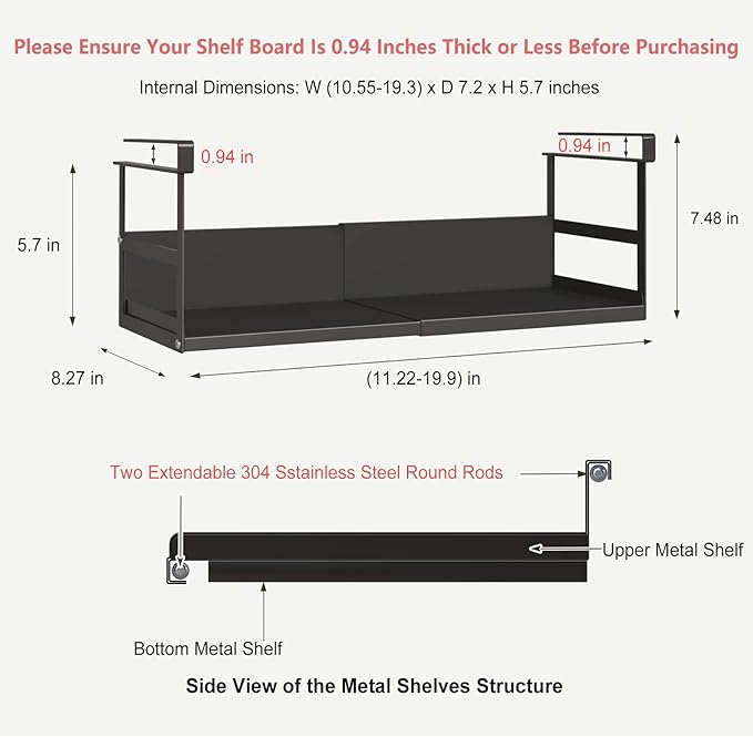 Expandable Under Cabinet Shelf Organizer with 0.94-Inch Thick Clips, Heavy Duty Extendable Under Shelf Storage Basket for Pantry or Laundry Room, Black, 2 Pack, Interior: 5.7" H x 7.2" D