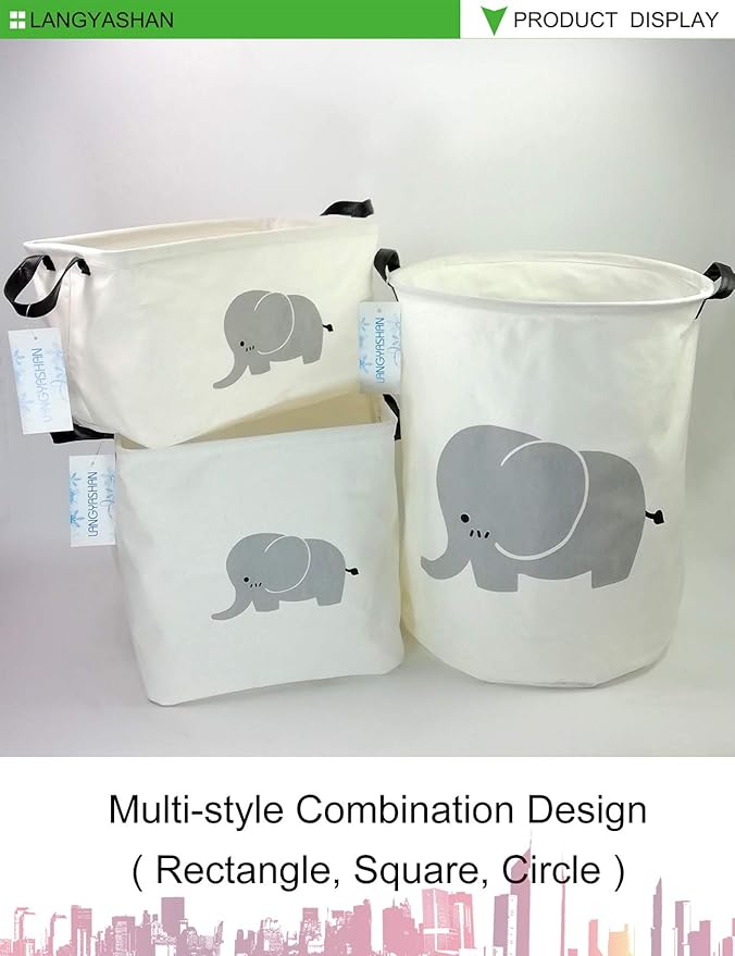 LANGYASHAN Laundry Basket Canvas Fabric Collapsible Organizer Basket for Storage Bin Toy Bins Gift Baskets Bedroom Clothes Children Nursery Hamper (Elephant)