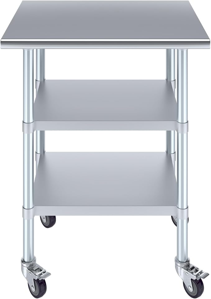 AmGood Stainless Steel Work Table with 2 Shelves and Casters | Metal Utility Table On Wheels (Stainless Steel Work Table with 2 Shelves + Casters, 30" Long x 24" Deep)