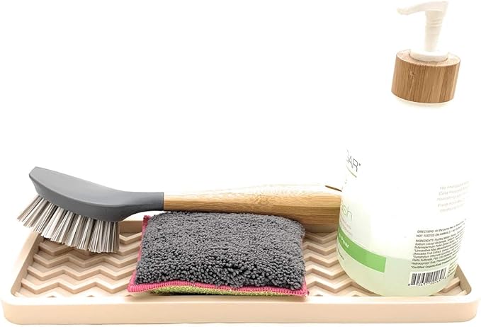 Happitasa Silicone Kitchen Sink Organizer Tray, Sponge Holder and Countertop Protector | Bathroom and Kitchen Soap Dish and Dispenser Tray (Sand Dollar, 12" x 4", 9.2 Ounces, Zigzag)