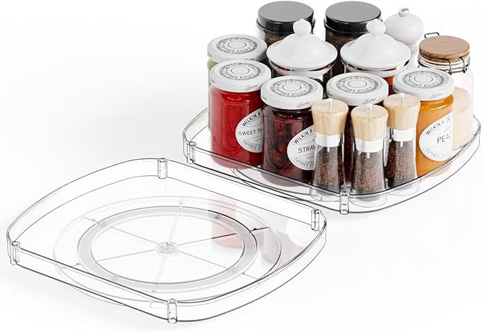 Yieach 2 Pack Rectangle Lazy Susan for Refrigerator,12″x10″ Square Fridge Turntable Organizer & Tray and 2 Tier Rotating Spice Rack for Jar,Can,Medication,Condiments,Seasoning Organizer for Cabinet