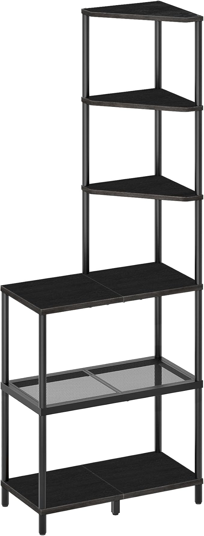 6-Tier Corner Shelf, Industrial Corner Bookshelf with Desk Top, Diamond-Shaped Storage Shelves, Display Stand for Small Spaces, Living Room, Home Office, Foyer, Black TCJ70BB