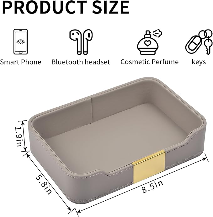 Luxury Leather Valet Tray Desktop Storage Organizer,Bedside Vanity Catchall Tray Nightstand Caddy Holder for Cosmetic,Jewelry,Watch,Keys,Phone,Wallet,Remote Controller,Pen,Gray