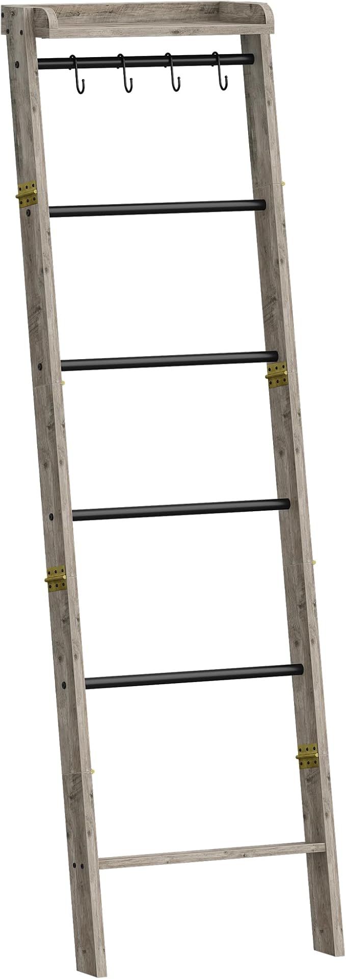 Blanket Ladder Shelf, Decorative Quilt Rack, 7-Tier Farmhouse Ladder Holder Organizer with 4 Removable Hooks, Greige BR36805B