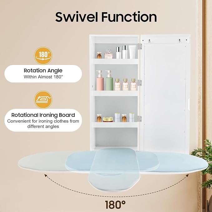 Wall-Mounted Ironing Board Cabinet with Storage Shelves & Door, Built in Foldable Ironing Board, Wall Hanging Ironing Storage Station for Bedrooms Laundry Rooms Apartments Small Spaces
