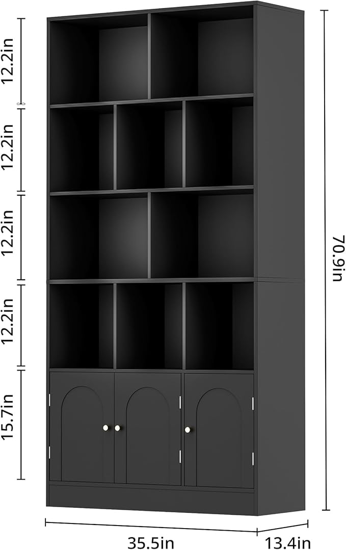 71" Tall Bookshelf with 10 Cubes and 3 Doors, 4-Tier Bookshelf, Open Shelf Bookcase with Cabinet, Modern Cube Storage Organizer for Living Room, and Office, Black