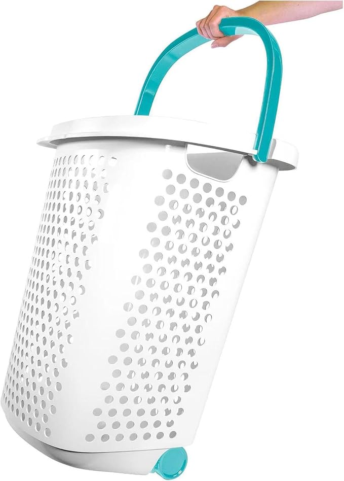 Heavy-Duty Plastic Wheeled Rolling Laundry Basket with Pop-Up Wide Handle, Ventilated Design, Easy to Clean, Spacious 70.52 Liters (2 Bushel), Large Capacity for Families, Dormitories, Laundry Rooms
