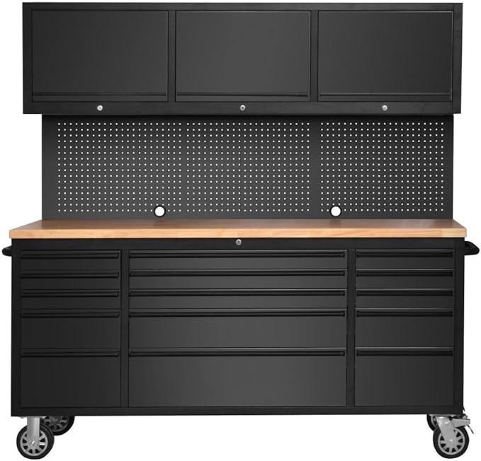 CT Copper Tailor 72-inch Tool Chest Cabinet Rolling Garage Workbench with 15 Storage Drawers and Wheels, 3 Upper Cabinet, Pegboard, Steel Large Tool Box,Matte Black