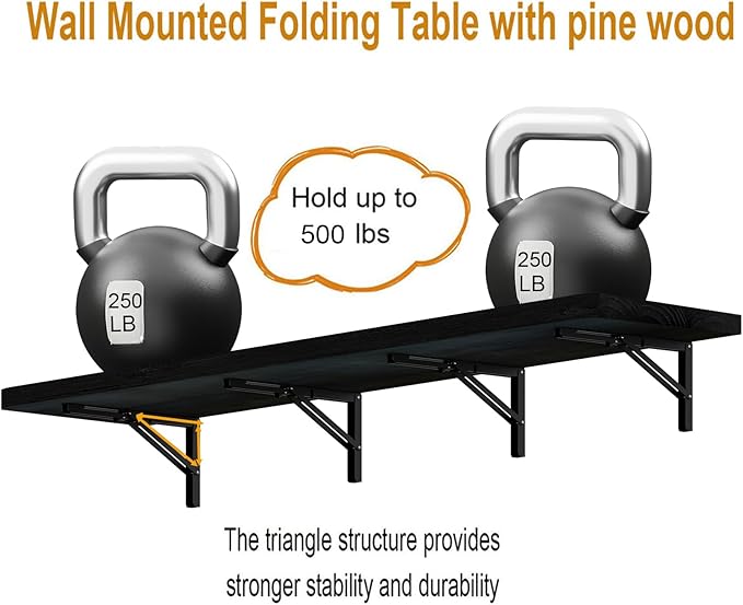 IAE Wall Mounted Folding Table with Pine Wood,72" x 16" Floating Wall Desk,Laundry Folding Table with Shelf Brackets,Fold Down Desk Shelf,Folding Workbench for Home,Dining,Laundry Room,Kitchen,Black