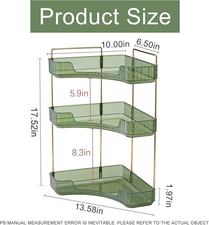 Corner Bathroom Countertop Organizer, Vanity Trays for Bathroom Counter, Makeup Organizer, Perfume Tray, Kitchen Spice Rack, Fits 90 Corner(Green, 3 Tiers)