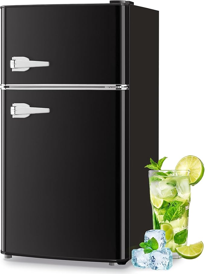 Mini Refrigerator with Freezer Small Fridge Double Door Side Drink Holder Adjustable Glass Shelves, Plastic Crisper, 7 Level Temperature Control for Bedroom, Office, Apartment Black