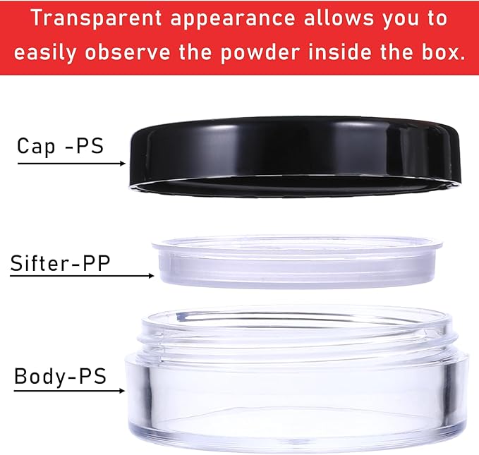 2PCS Travel Powder Container, 10ml/0.34oz Loose Powder Containers with Rotatable Sifter and Black Screw Lid Compact No Leak DIY Empty Makeup