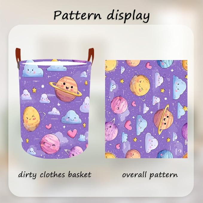 Laundry Baskets 15.7x19.7 Inch Large Cartoon Planets Clouds Design Collapsible Laundry Hamper with Handles Oxford Fabric Clothes Storage Bin Foldable Dirty Clothes Organizer for Bedroom Bathroom Dorm