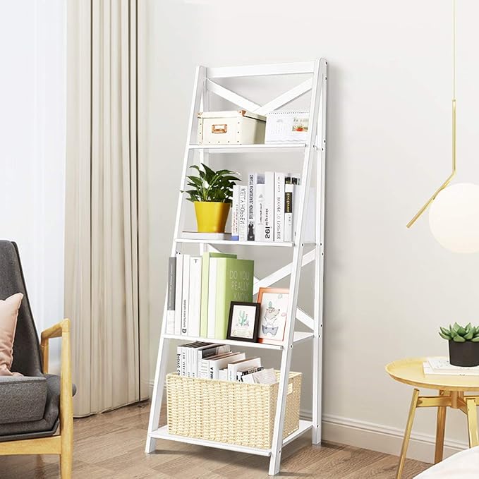 Tangkula 4-Tier Ladder Shelf Bookcase Leaning Free Standing Wooden Frame Decor Bookshelf Storage Flower Shelf Plant Display Shelf for Home Office (White, 1)