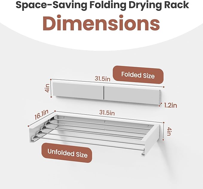 Wall-Mounted Clothes Drying Rack – Foldable Laundry Drying Rack, Space-Saving Wall Mounted Clothes Rack, Tri-Fold Wall Mounted Drying Rack for Laundry Room