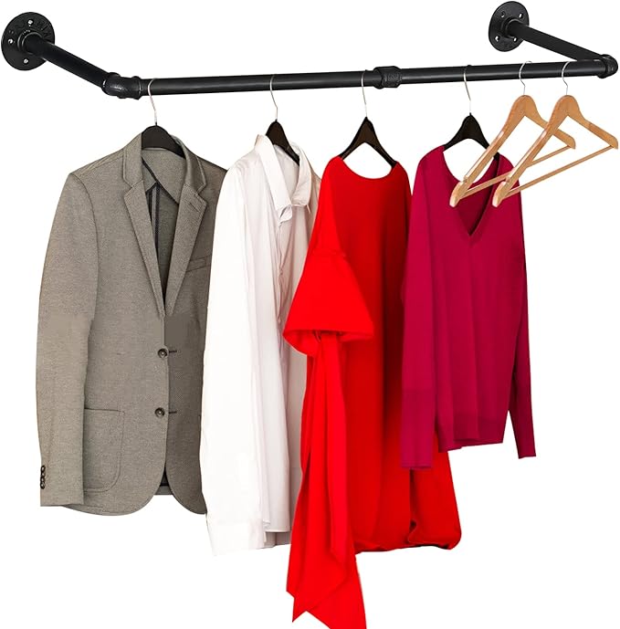 Wall Mounted Clothes Rack - 54"Industrial Pipe Clothing Garment Rack, Space - Saving Heavy Duty Detachable Black Iron Clothes Hanger Pole, Multi-Purpose Hanging Rod for Closet Storage, 2 Base