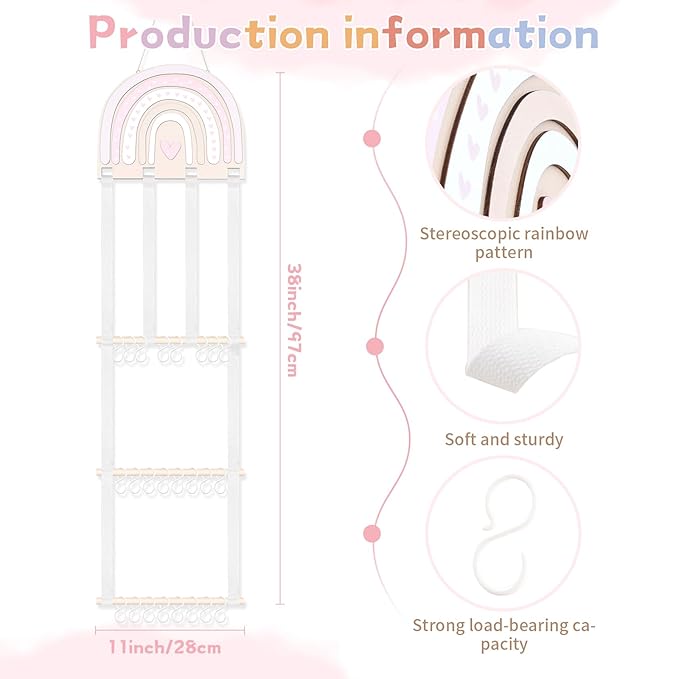 POVETIRE Headband Holder Bow Holder for Girls Hair Bows,Rainbow Hair Accessories Organizer Storage Wall Hanging Display for Nursery Toddler Girls Room (Pink-Rainbow-2)