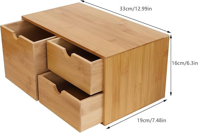 TFCFL Bamboo Desk Organizer with 3 Drawers, Wood Desktop Storage Box for Office Supplies, Natural Bamboo Drawer Organizer with Flat Top for Pen, Mail, Stationery Home Office Organization