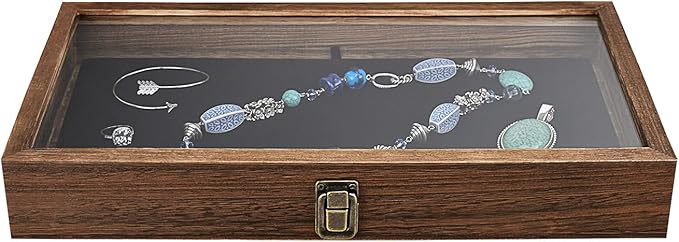 MOOCA Wooden Jewelry Display Case with Tempered Glass Lid and Removable Black Luxurious MDF Velvet Jewelry Display Pad, Pocket Knife Eyewear Case, Brown Color