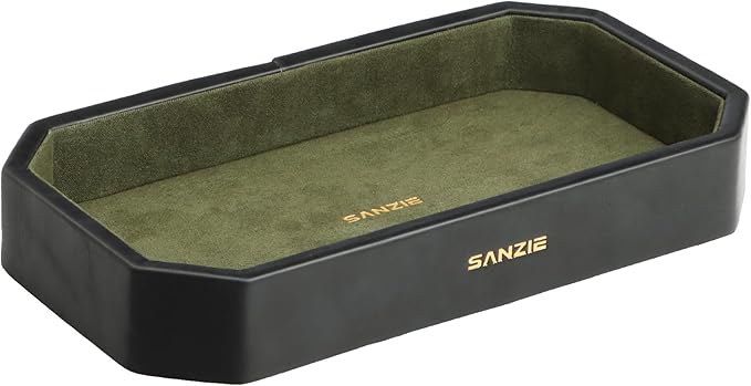 SANZIE Leather Tray Organizer Small Trays Decorative Tray Desktop Storage Premium Serving Tray Valet for Sundries Cosmetics Keys Phone Wallet Cutlery (Black, Small)