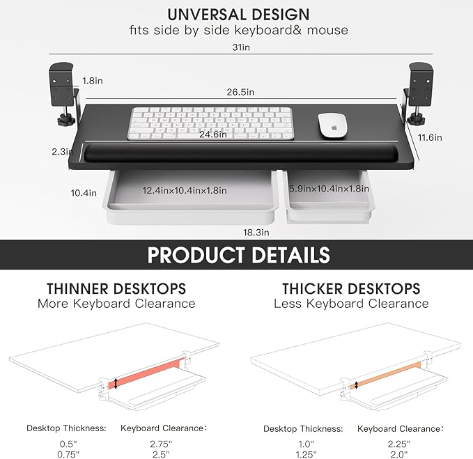 Keyboard Tray Under Desk with a Soft Wrist Rest，Under Desk Keyboard Tray Slide Out with 2 Storage Drawers，C Clamp-on Mount Ergonomic Keyboard Tray for Home and Office，26.5"x11.6"